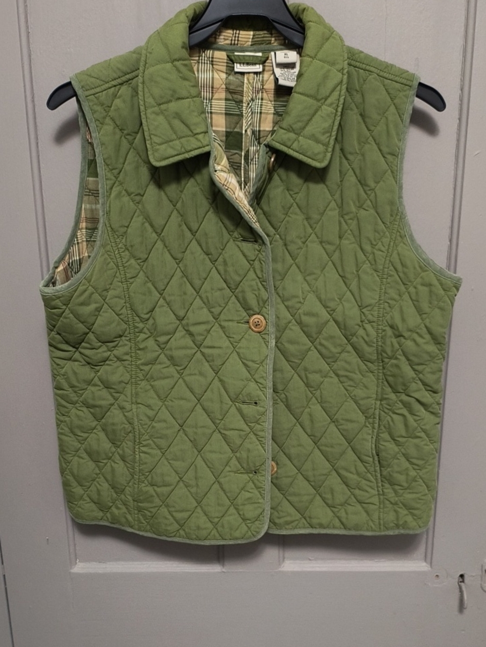 L.L. Bean Olive Green Quilted Vest with Plaid Lining